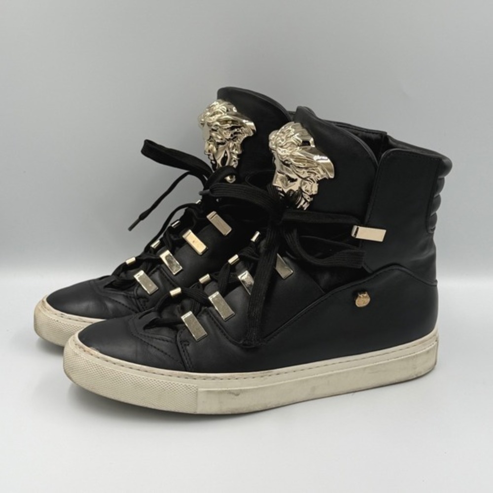 Versace High Top‎ Sneakers Medusa Head Black Leather Silver Hardware EU 37/7